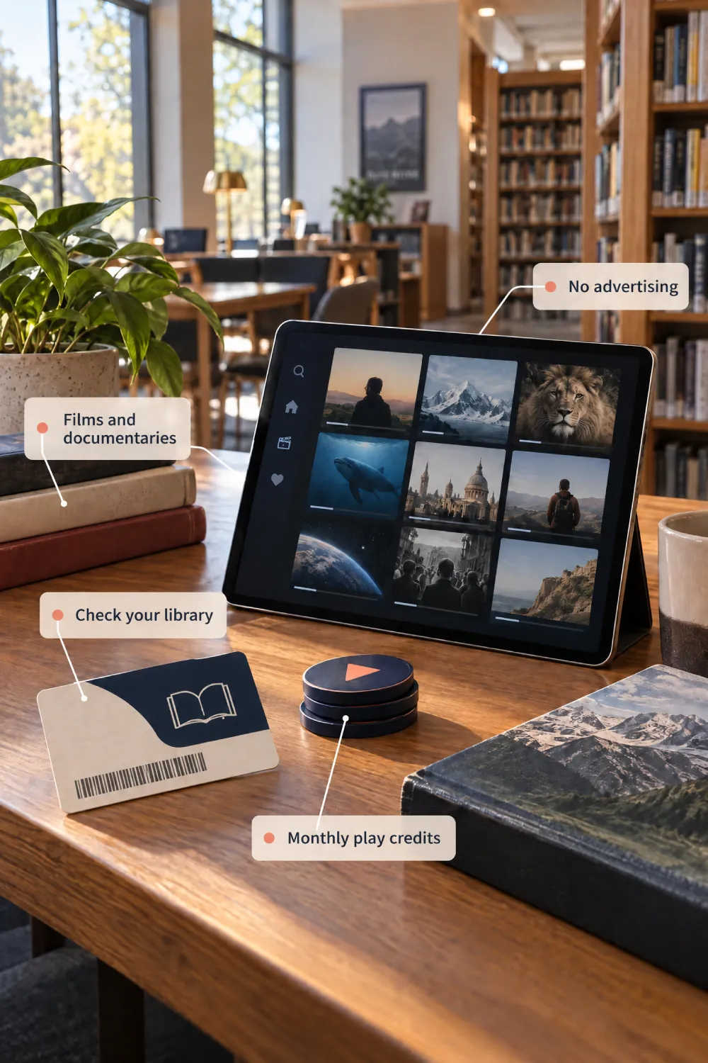 library infographic showing a library card, digital film catalogue, monthly play credits, and ad-free movie access