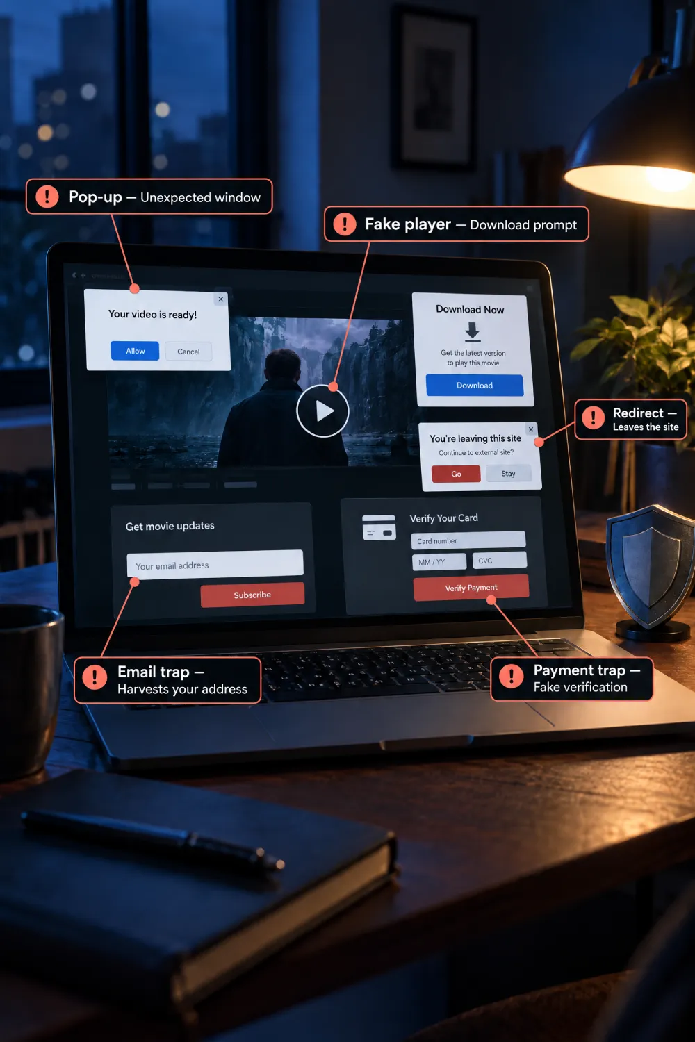 Safety infographic showing pop-ups, a fake player download prompt, redirects, an email trap, and fake payment verification on a movie website