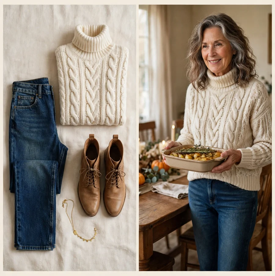 Cream cable-knit sweater with dark jeans — Thanksgiving outfit for women over 50