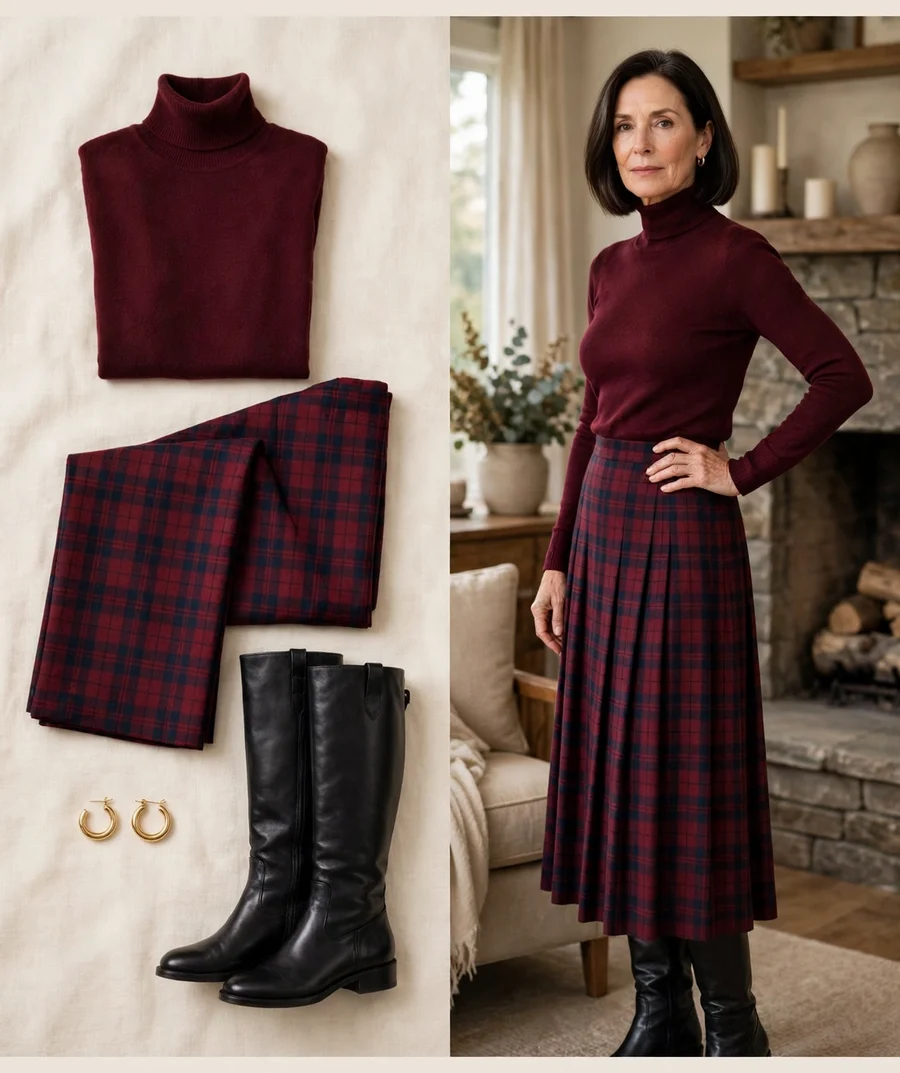 Burgundy turtleneck with plaid midi skirt — Thanksgiving outfit for women over 50