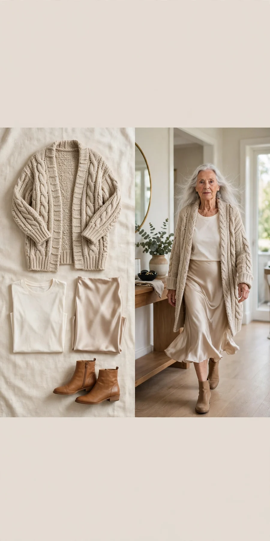 Oatmeal chunky cardigan over satin slip skirt — Thanksgiving outfit for women over 50