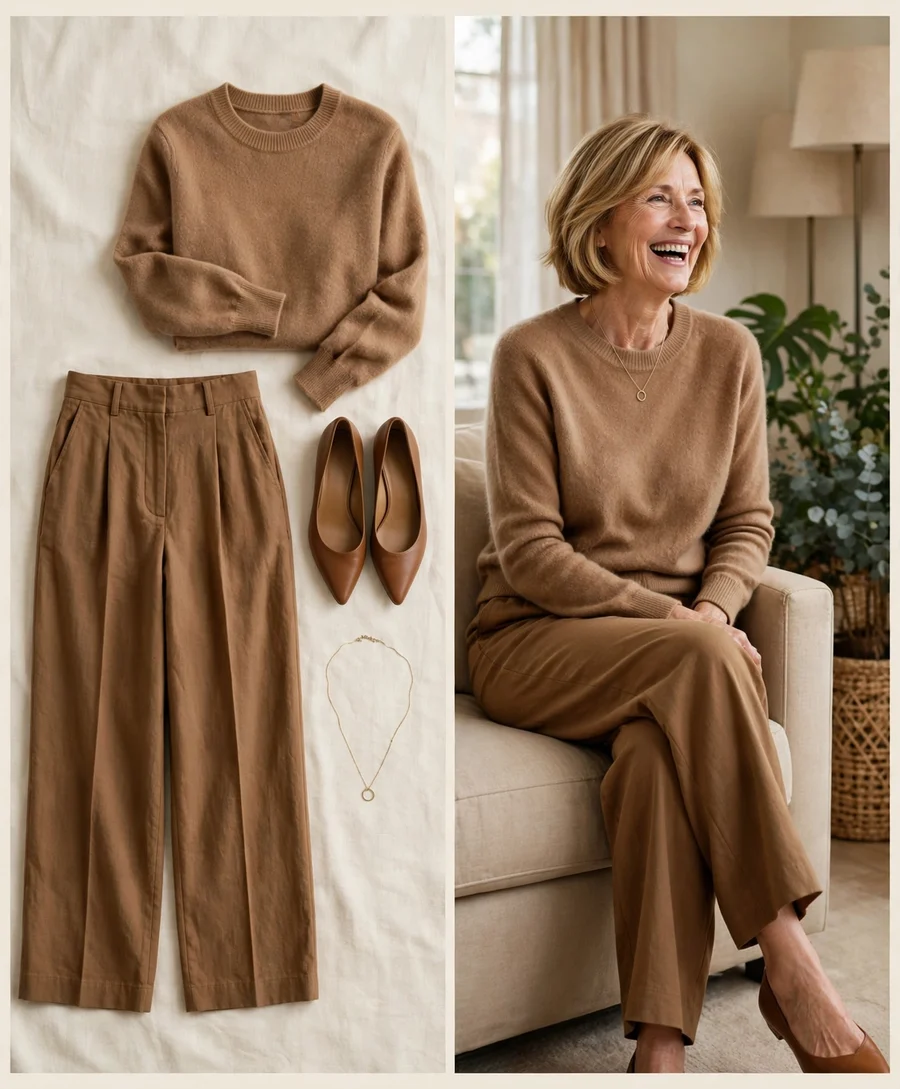 Camel crewneck sweater with wide-leg trousers — Thanksgiving outfit for women over 50