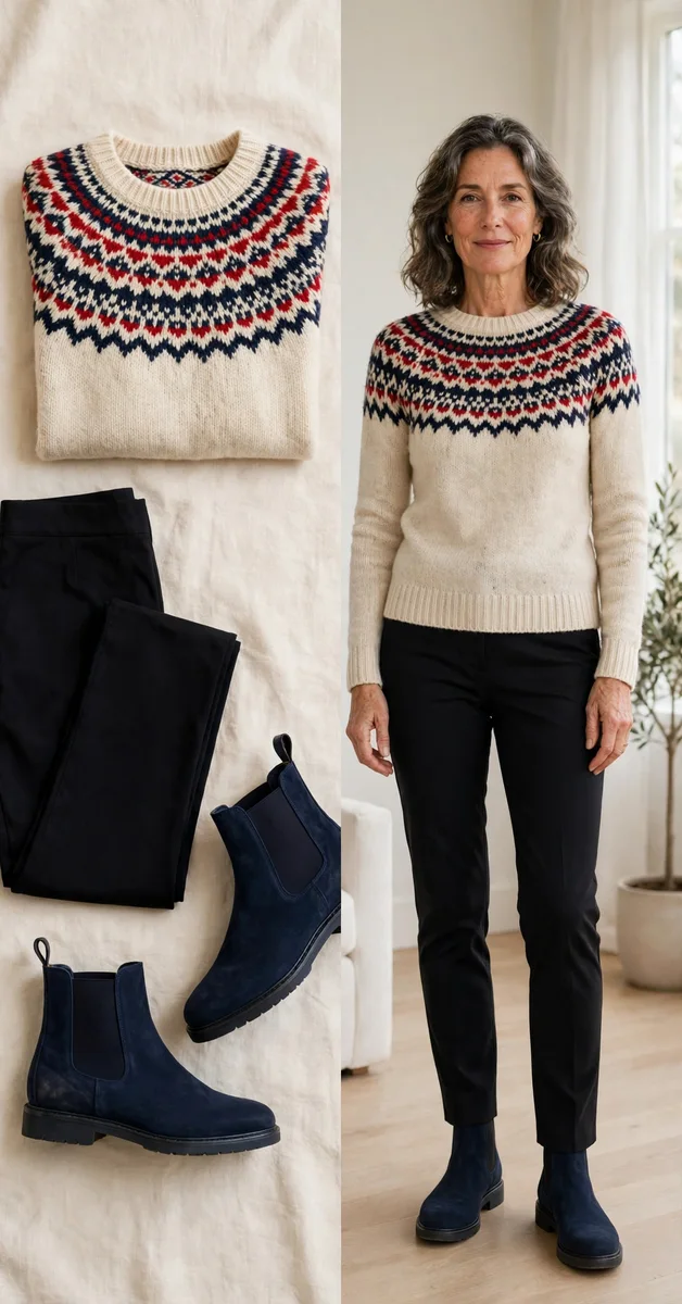 Fair Isle yoke sweater with black ponte pants — Thanksgiving outfit for women over 50