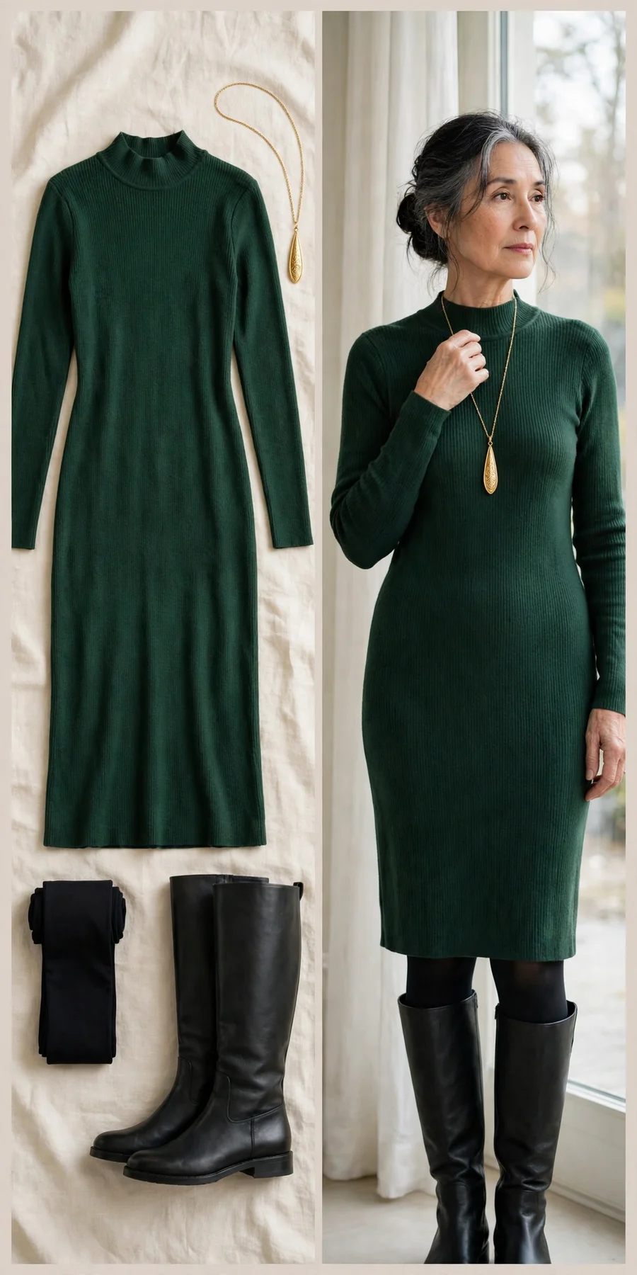 Forest green mock-neck sweater dress with knee-high boots — Thanksgiving outfit for women over 50