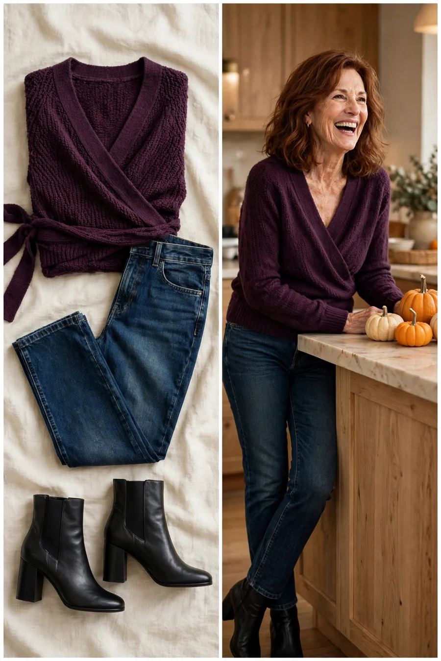 Plum wrap-front sweater with dark jeans — Thanksgiving outfit for women over 50