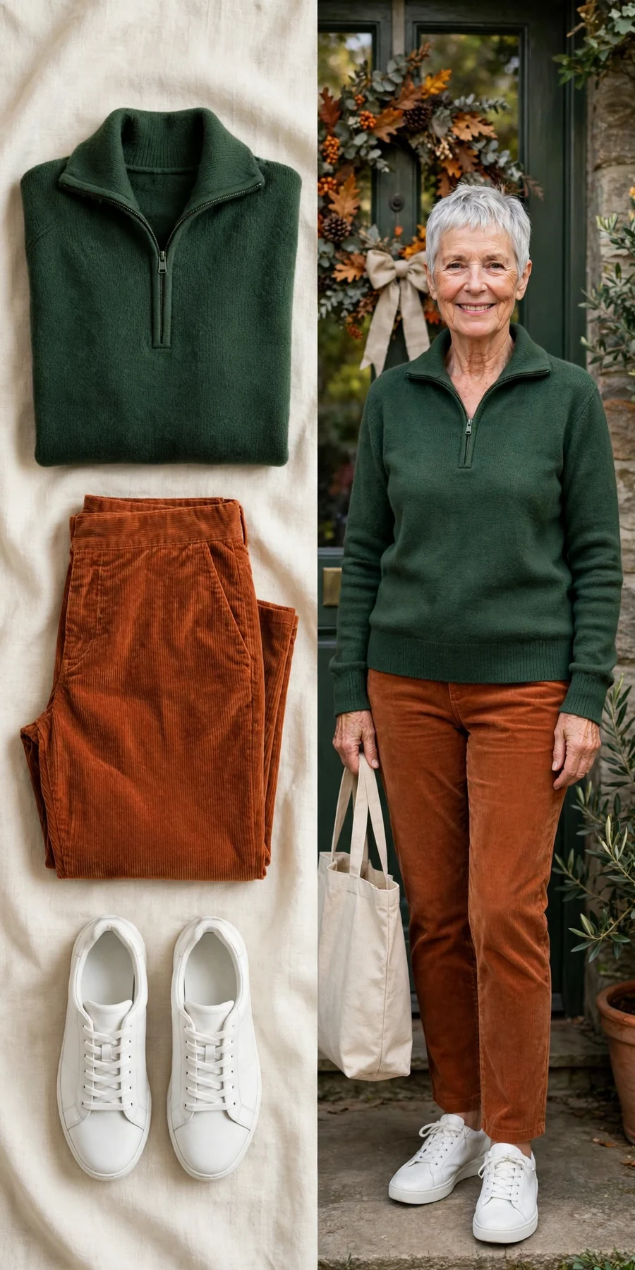 Forest green half-zip sweater with corduroy pants — casual Thanksgiving outfit for women over 50