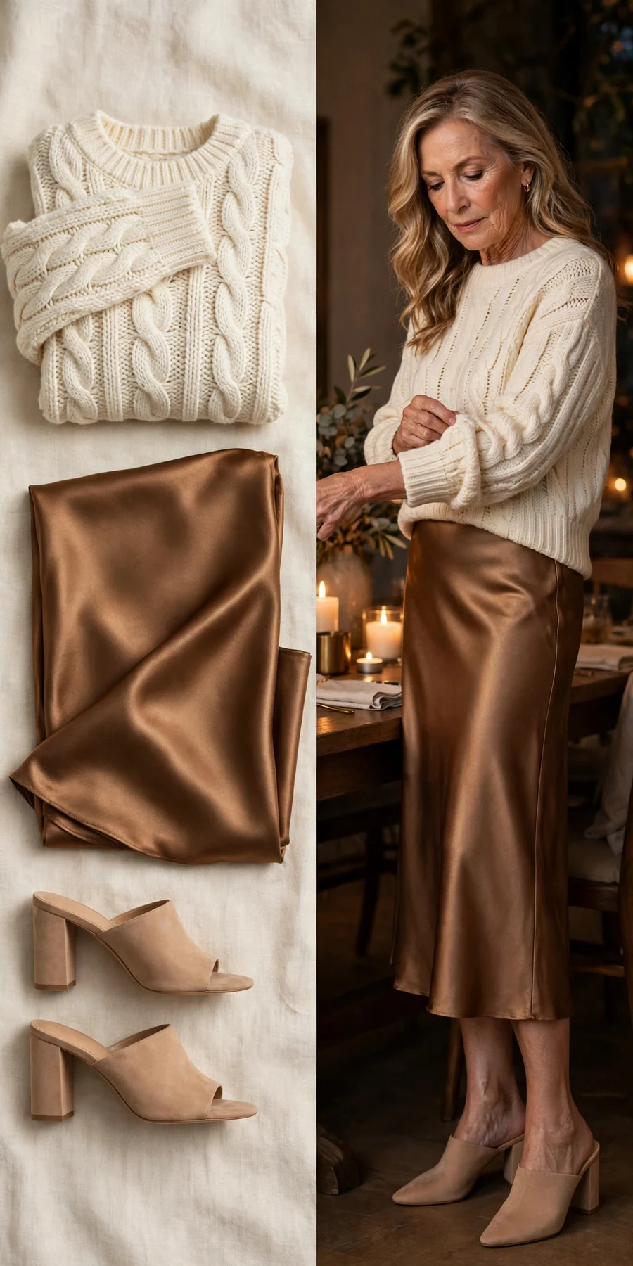 Ivory fisherman knit with bronze satin midi skirt — Thanksgiving outfit for women over 50