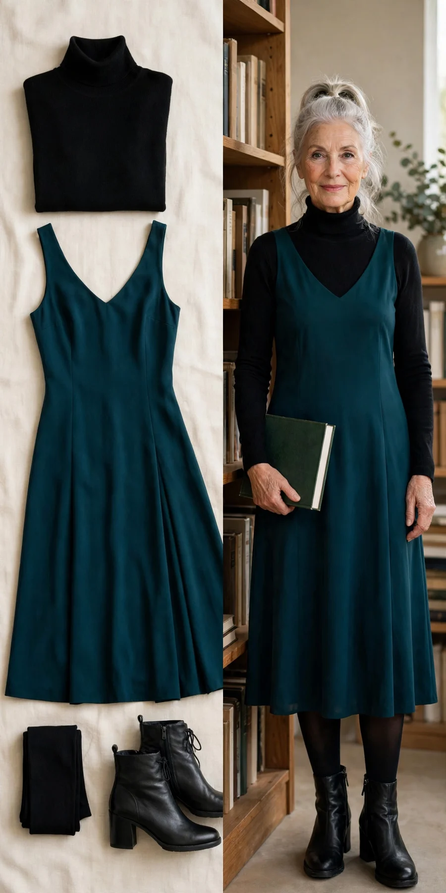 Black turtleneck layered under a sleeveless midi dress — Thanksgiving outfit for women over 50