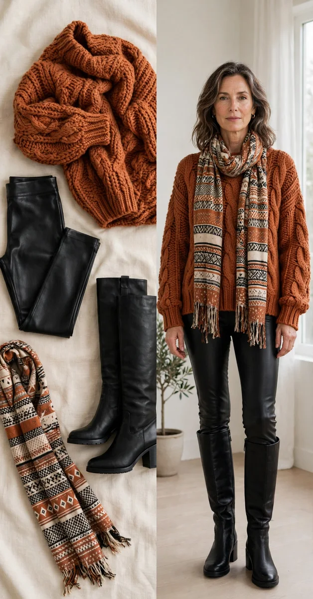 Rust chunky knit sweater with faux-leather leggings — Thanksgiving outfit for women over 50