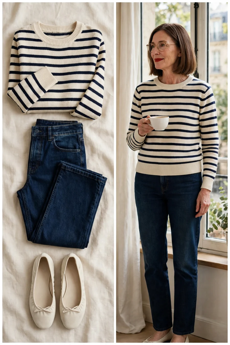 Navy Breton stripe sweater with dark indigo jeans — Thanksgiving outfit for women over 50
