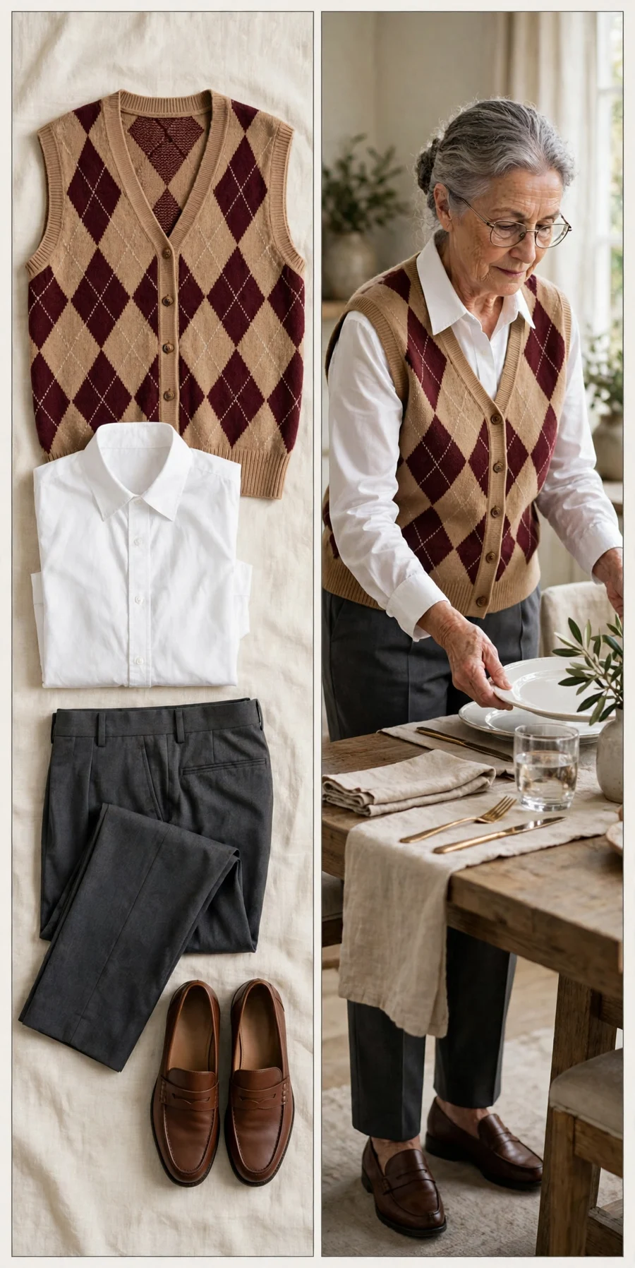 Sweater vest over a crisp white shirt — Thanksgiving outfit for women over 50