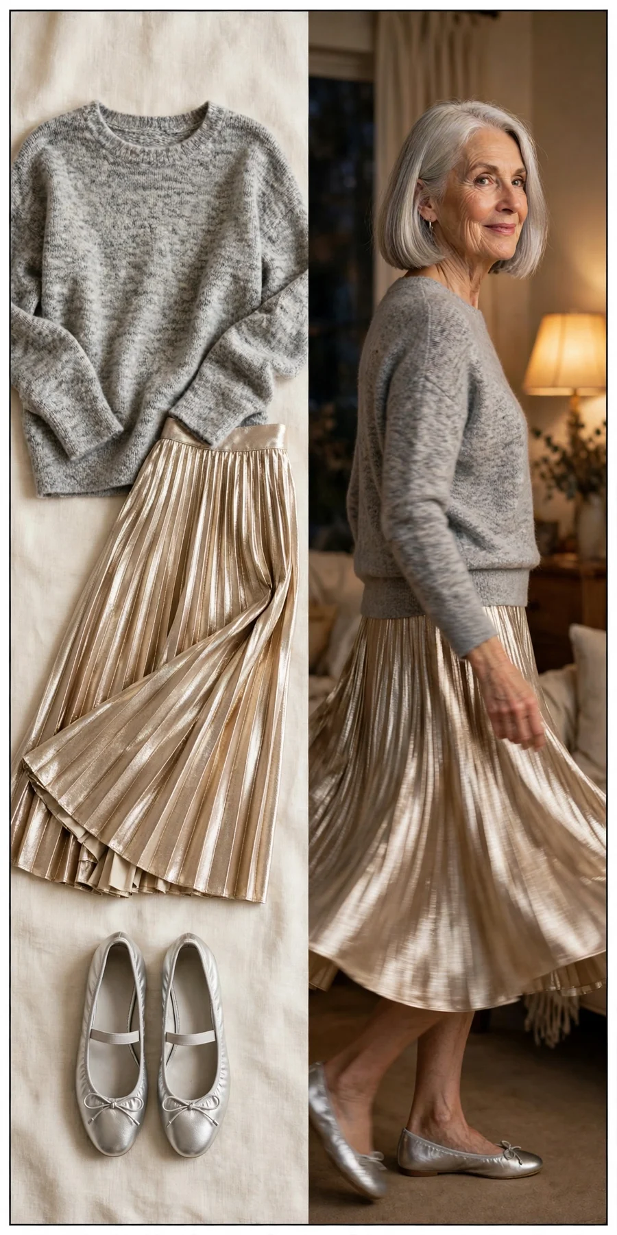 Soft gray marled sweater with pleated champagne skirt — Thanksgiving outfit for women over 50