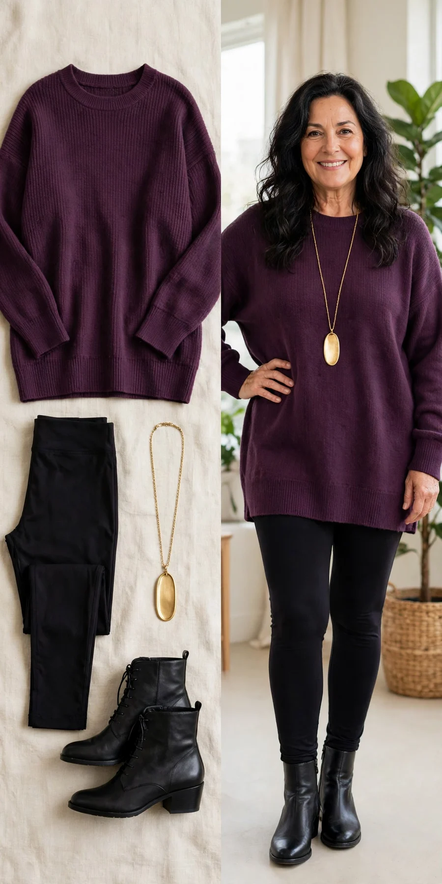 Plum tunic sweater with black leggings — plus-size-friendly Thanksgiving outfit for women over 50