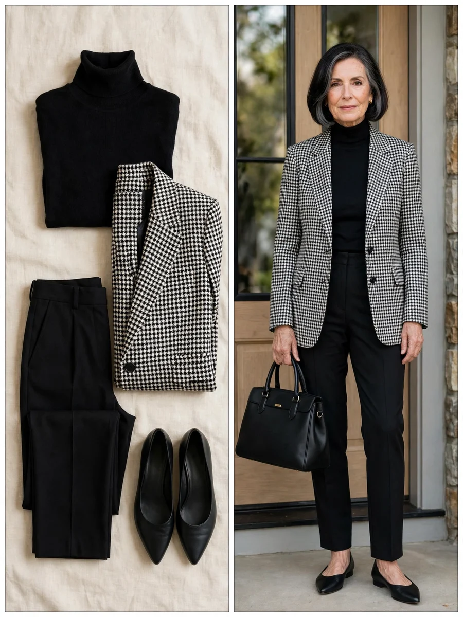 Black turtleneck with houndstooth blazer — dressy Thanksgiving outfit for women over 50