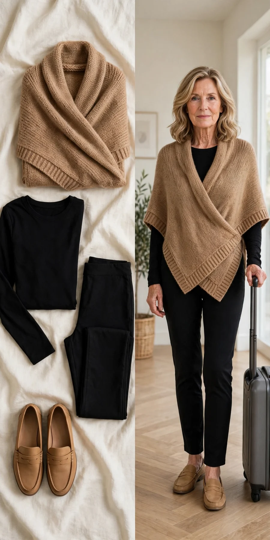Camel knit poncho with slim ankle pants — Thanksgiving travel outfit for women over 50